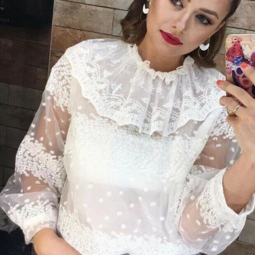Zara Ecru Semi-Sheer Organza Embroidered White Blouse With Ruffled Trim SZ L